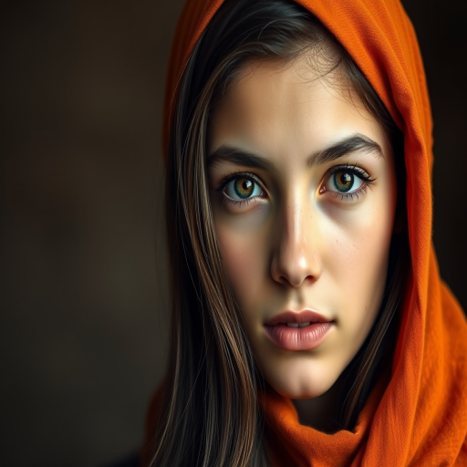 Create a portrait of a young Druze female with long, dark hair and captivating hazel eyes. She is wearing a orange headscarf and a matching scarf draped gracefully around her neck. The background is softly blurred, focusing attention on her serene and natural expression. The overall color palette is muted and warm, enhancing the intimate and authentic feel of the portrait.