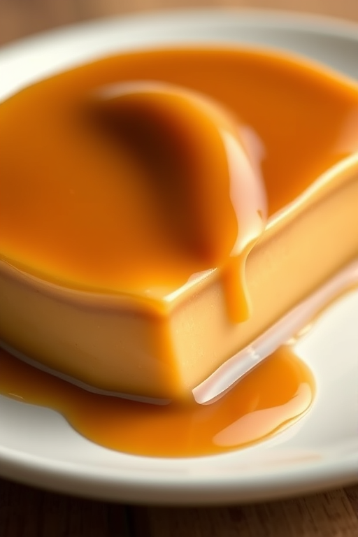 Create a highly detailed 3D rendering of a smooth, shiny caramel pudding on a white plate, using a DSLR camera with a 50mm lens, aperture f/1.8, ISO 100, and a shallow depth of field to emphasize the texture and glossiness of the pudding.
