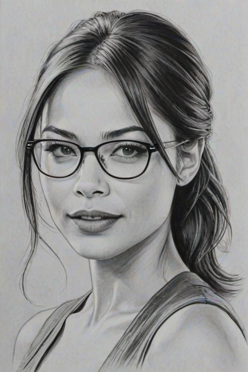 Radiant Kristin Kreuk, pencil sketch, portrait of Enchanting woman 1961s in glasses, hair style beatnik, outline, clear lines, fine lines, 8k