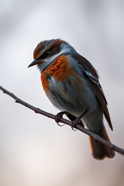 Capture a close-up shot of a bird perched on a branch at dusk, using a Nikon D850 with a 200mm lens at f/2.8, ISO 800, shutter speed 1/250s, in soft focus to enhance detail and atmosphere.