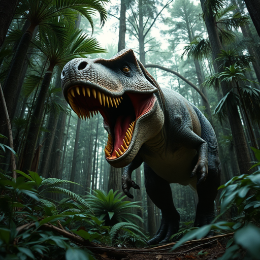 A realistic and detailed depiction of a roaring T-Rex in a dense prehistoric forest, captured in 35mm format, with an aperture of f/2.8, ISO 200, shutter speed of 1/500 sec, low angle view to emphasize the dinosaur's size, with vivid colors and dynamic lighting to enhance the atmosphere.