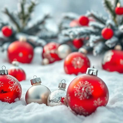 Generate an image of a winter scene featuring a snowy landscape with various Christmas ornaments. Include red and silver baubles, some with intricate patterns, scattered among a fluffy layer of snow. In the background, add frosted pine branches and a soft, blurred, wintry atmosphere with gentle bokeh effects.