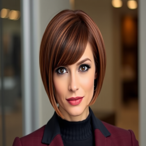 Sophisticated executive sporting a sleek, chin-length blunt cut bob in a rich mahogany hue with subtle cinnamon highlights