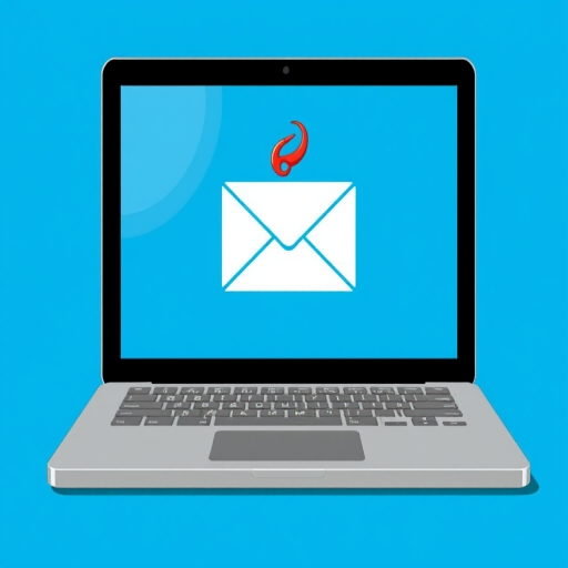 Create an illustration of a laptop with a phishing email symbol, featuring a hook catching an envelope, set against a bright blue background, using a 50mm lens, f/1.8 aperture, ISO 100, shooting from an eye-level angle with a flat lay composition, optimizing for high contrast and sharp details.