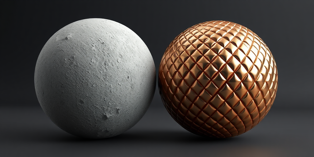 Create a high-resolution 3D render of two textured spheres, one resembling concrete with a rough surface and the other resembling a shiny metallic ball with a diamond pattern, using a DSLR camera with a 50mm lens, aperture f/2.8, ISO 100, in a studio with controlled lighting to enhance details and shadows, capturing the view from a low angle to emphasize texture depth.