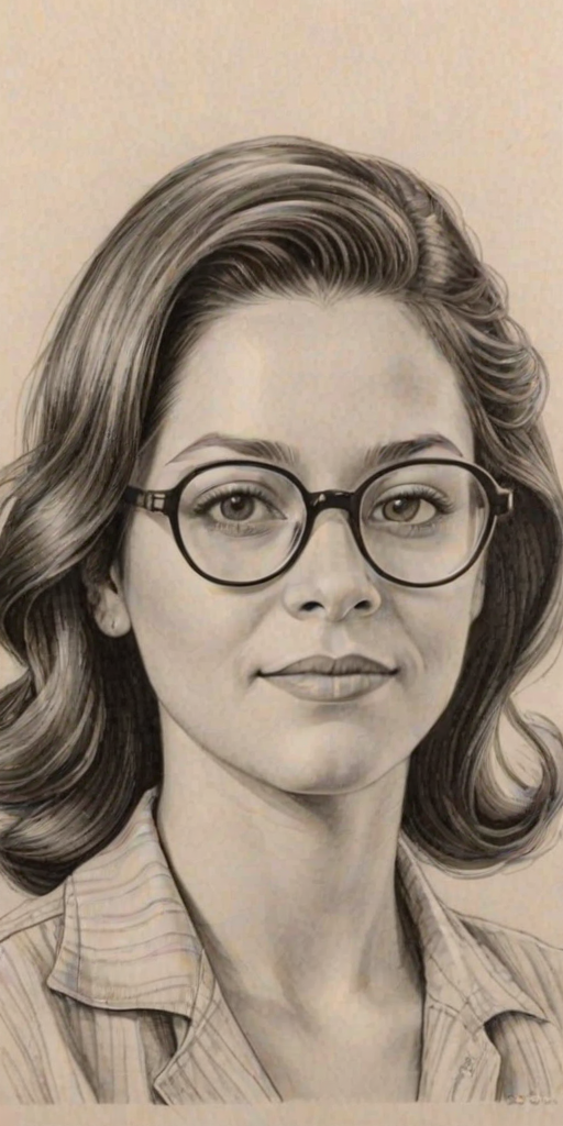 Enchanting Kimberly McCullough, pencil sketch, portrait of Delightful woman 1948s in glasses, hair style beatnik, outline, clear lines, fine lines, 8k
