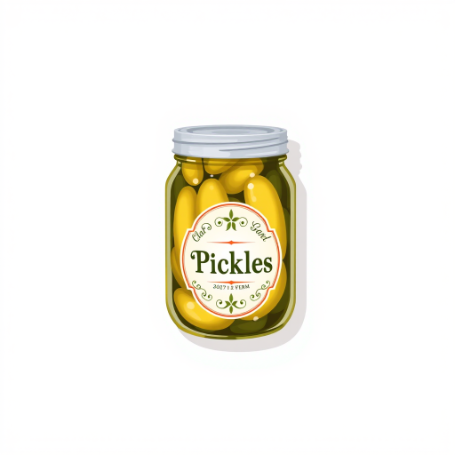 Create a high-resolution illustration of a jar of pickles with a decorative label, captured in a top-down view using a DSLR camera at f/2.8, ISO 100, with natural lighting for enhanced clarity and vibrant colors.