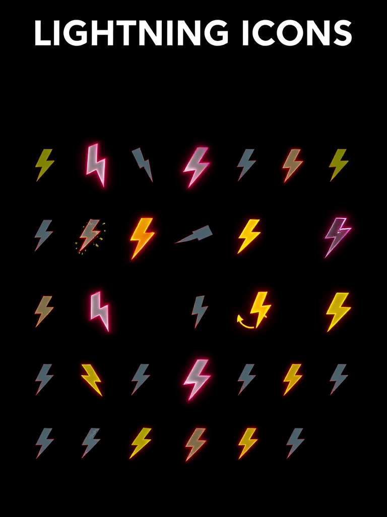 Create an image of various lightning bolt icons in a dark background with the text "LIGHTNING ICONS" at the top, shot with a Canon EOS R5, 50mm lens, f/1.8 aperture, ISO 100, 1/250 sec, high-contrast and vivid colors for enhanced clarity.