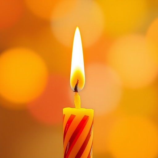 Create an image of a colorful birthday candle with a flame, bright orange and yellow hues, digital illustration style, captured from a slightly elevated angle, using a high-resolution format, with 35mm focal length and f/2.8 aperture for enhanced depth of field.