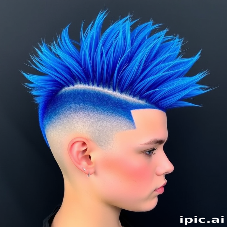 Striking electric blue mohawk titled "Neon Rebel" with shaved sides and a textured, spiky top, incorporating subtle metallic accents for extra dimension