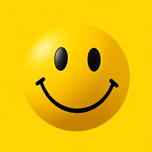 Create a high-resolution image of a classic yellow smiley face with a bright background, using a Canon EOS R5 camera with a 50mm lens, aperture set to f/8, ISO 100, and an aperture priority mode to enhance color vibrancy and clarity.