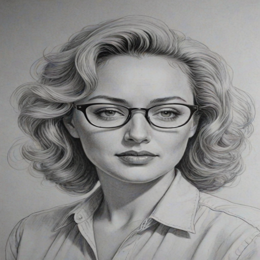 Fascinating Virginia Madsen, pencil sketch, portrait of Attractive woman 1945s in glasses, hair style beatnik, outline, clear lines, fine lines, 8k