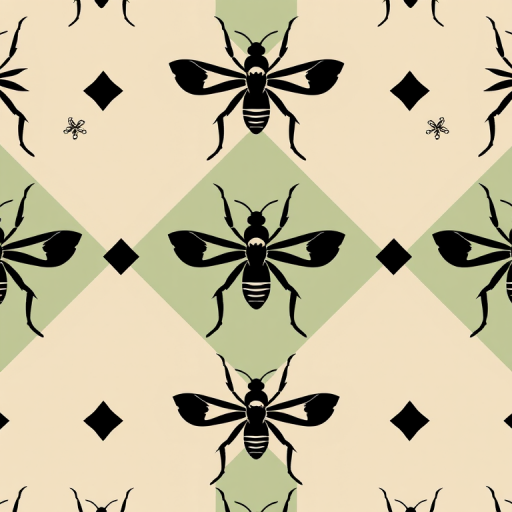 Create a high-resolution image of an abstract pattern featuring black stylized insects on a muted beige and green diamond background, using a DSLR camera with a 50mm lens, aperture set to f/2.8, ISO 100, and a soft focus style to enhance texture and detail.