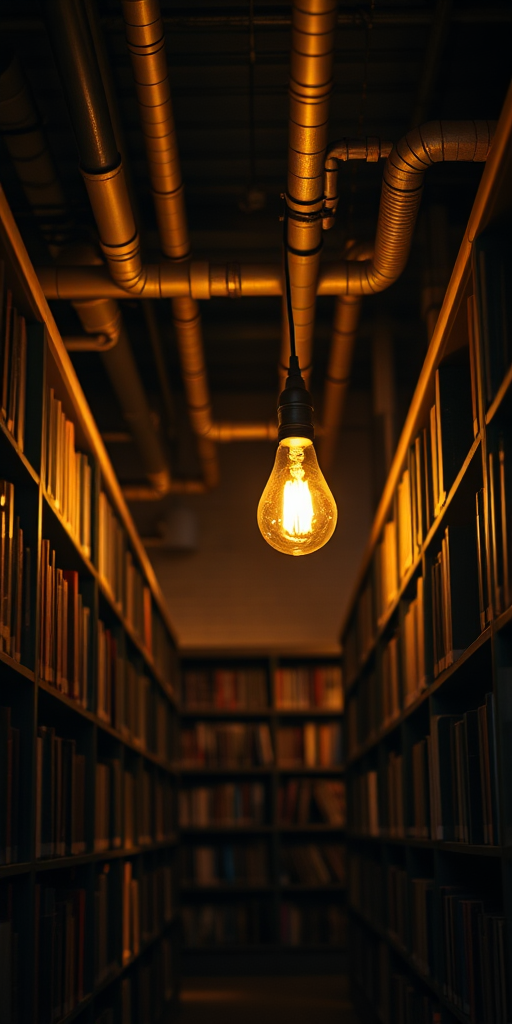 Generate a dimly lit industrial library scene with exposed pipes and warm ambient lighting, captured with a DSLR camera at f/2.8, ISO 400, 35mm lens, focus on the warm light bulb, with a shallow depth of field, emphasizing the texture of the pipes and the books.