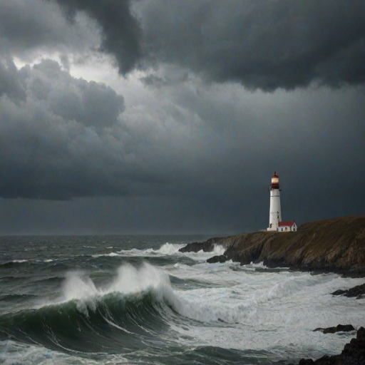Sharp, detailed photo of a lighthouse standing tall against a stormy sky, soft light from the beacon cutting through the clouds, distant waves crashing against the rocky shore.