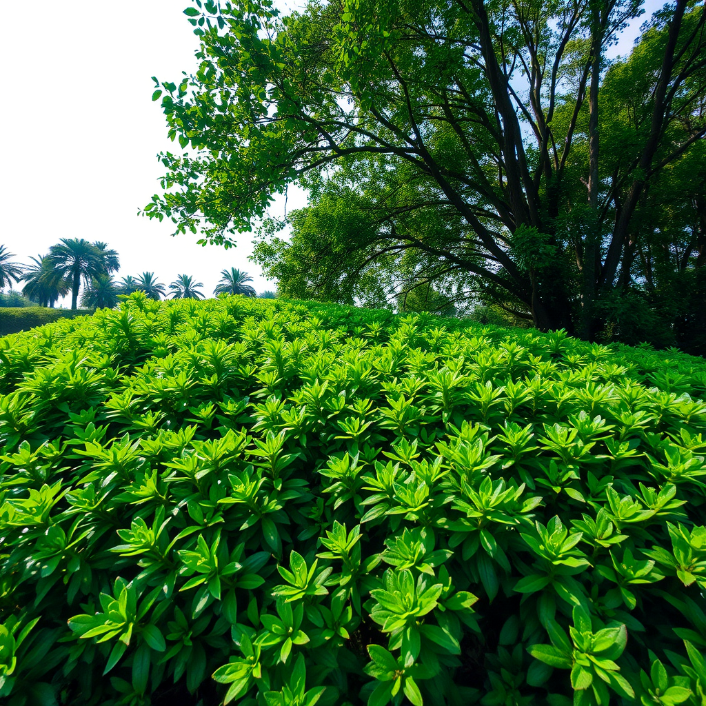 Generate a lush green bush landscape with rich textures and depth, using a DSLR camera, aperture f/8, shutter speed 1/125 sec, ISO 200, wide-angle view, natural lighting for enhanced detail and vibrancy.