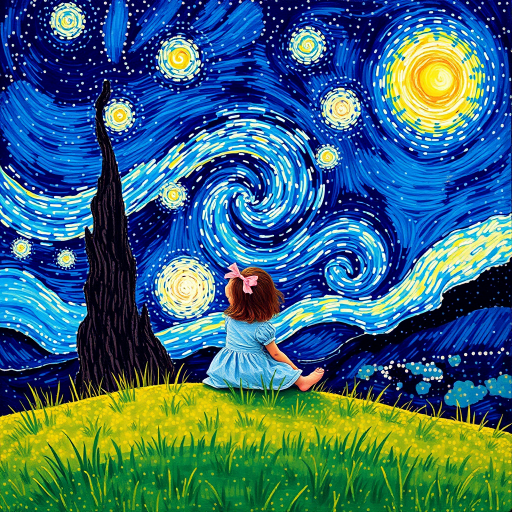 A young girl sitting on a grassy hill, looking up at the starry night sky painted in the style of Vincent Van Gogh's famous "Starry Night". The entire image is composed of tiny dots, giving it a dreamlike and illusionary quality. The girl is surrounded by vibrant colors and swirls in the sky, with stars twinkling above her