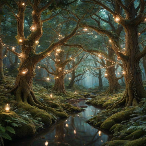 Enchanted forest, filled with towering trees and sparkling fairy lights hanging from branches, a gentle stream flowing through, and small woodland creatures peeking out from behind the foliage.
