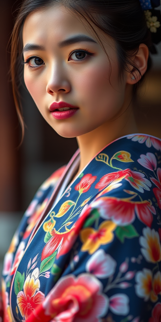Create a highly detailed portrait of a young woman in a colorful kimono with intricate floral patterns, use a shallow depth of field to blur the background, set the aperture to f/1.8, shutter speed at 1/125s, ISO 100, using a 50mm lens on a full-frame DSLR, captured in soft natural light to highlight her features and the texture of the fabric.