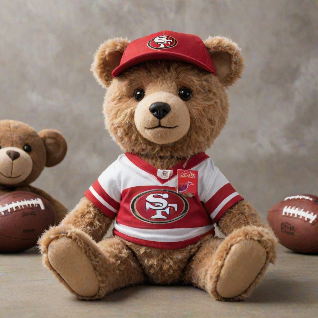 A cute and fluffy teddy bear dressed in a San Francisco 49ers-themed outfit, wearing a red cap with the 49ers logo, aviator sunglasses, and a white football jersey with red accents. The bear is also wearing casual jeans and red and white sneakers, while sitting in a relaxed pose with a football beside it. The teddy bear has a cool, laid-back attitude, with a sporty vibe. The background is clean and minimal, highlighting the bear as the main focus.