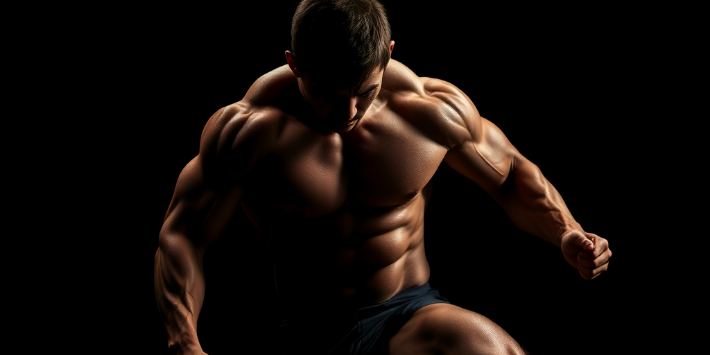 Create a high-resolution image of a muscular human figure in a dramatic pose, focus on chiaroscuro lighting to highlight muscle definition, use a Canon EOS R5 camera with a 50mm lens at f/1.8, ISO 100, and a shutter speed of 1/200s, shot from a low angle for a powerful perspective, in a studio setting with a dark background for emphasis.