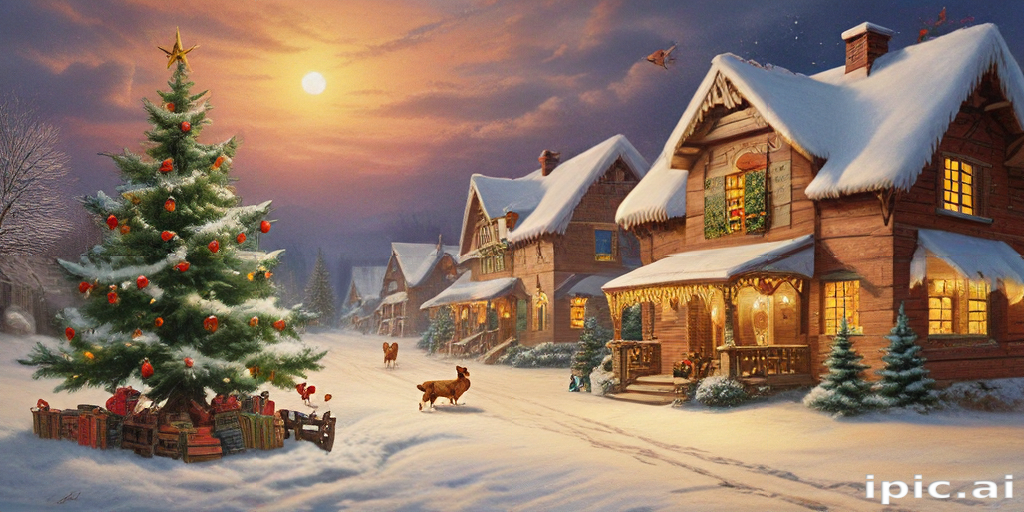 Charming Winter Village Scene with Festive Christmas Tree and Snowy ...