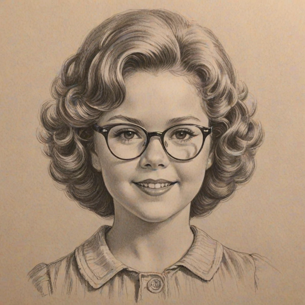 Lovely Shirley Temple, pencil sketch, portrait of Pleasing woman 1964s in glasses, hair style beatnik, outline, clear lines, fine lines, 8k