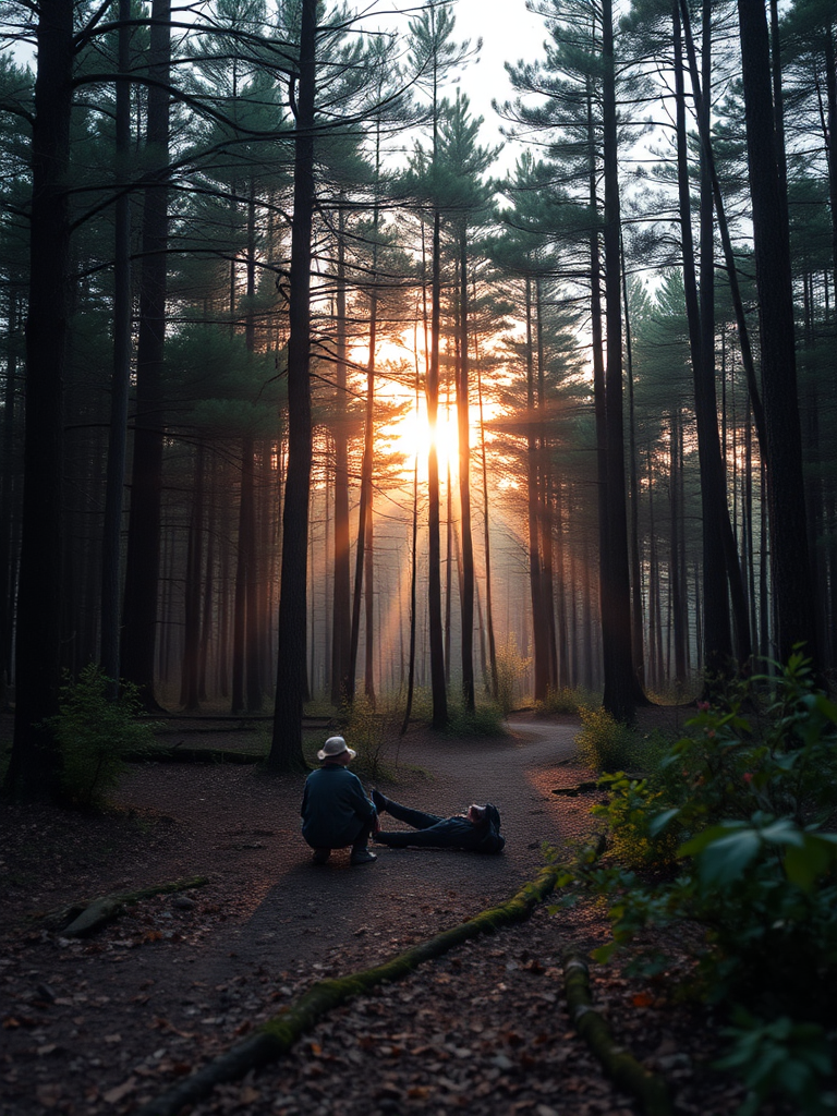 Create a high-resolution image of a tranquil forest scene at sunrise with soft, warm light filtering through the trees, using a DSLR camera with a 50mm lens, aperture set to f/1.8, ISO 200, and a shutter speed of 1/125 sec, in a landscape orientation for an immersive depth-of-field effect.