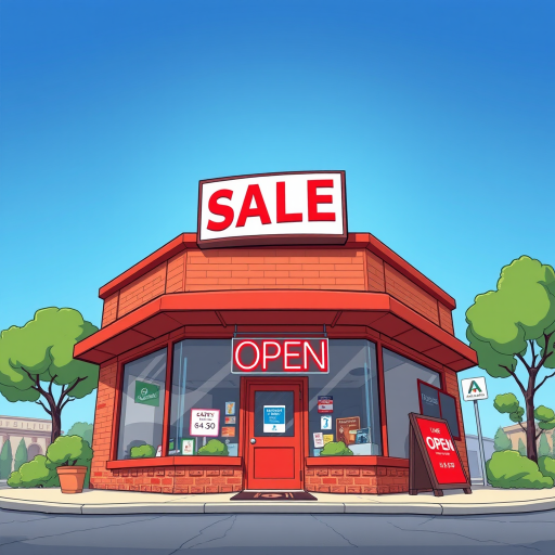 Create a cartoon-style illustration of a store with a bright red sale sign, large open sign, and clear blue sky in the background, shot with a Canon EOS R5 at f/8, ISO 100, 24mm focal length, in a wide-angle view to emphasize the storefront and surroundings.