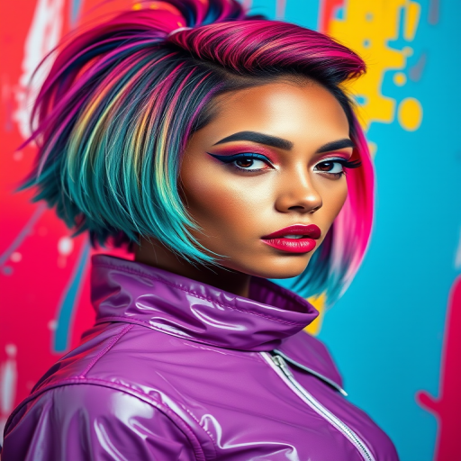 Create a vibrant portrait of a stylish young woman with multicolored hair and a futuristic outfit, set against a bold, abstract background with bright colors, using a 85mm lens at f/1.8 aperture, ISO 100, shutter speed 1/200s, shot with a mirrorless camera.