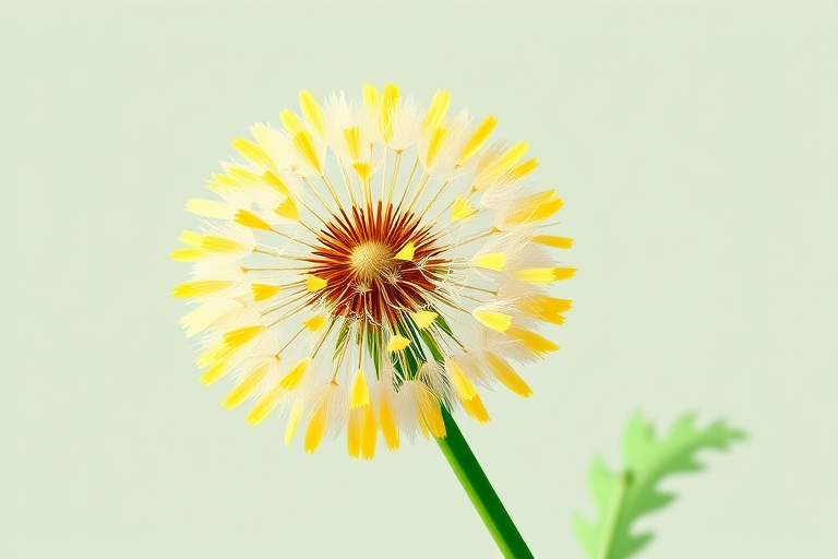create a vibrant illustration of a dandelion with bright yellow petals and green jagged leaves in a minimalist style, captured with a full-frame DSLR camera at f/2.8 aperture, 50mm lens, ISO 100, natural light, high resolution and vivid colors.