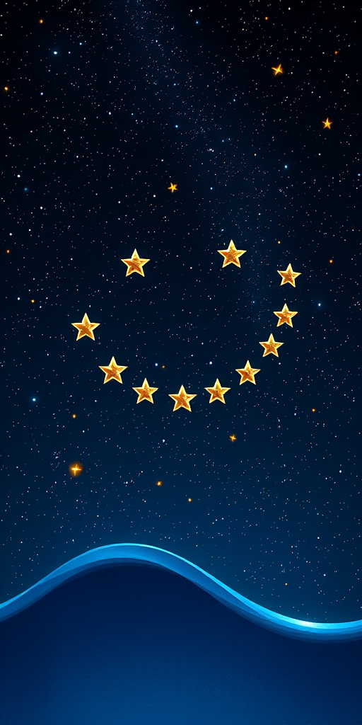 Create a digital illustration of a night sky filled with stars, featuring a smiling face made of golden and silver stars arranged in a circular pattern, with a deep blue wave design flowing beneath the starry sky, using a DSLR camera with a 50mm lens, f/1.8 aperture, ISO 200, and a long exposure of 10 seconds to capture the brightness of the stars and enhance image clarity.