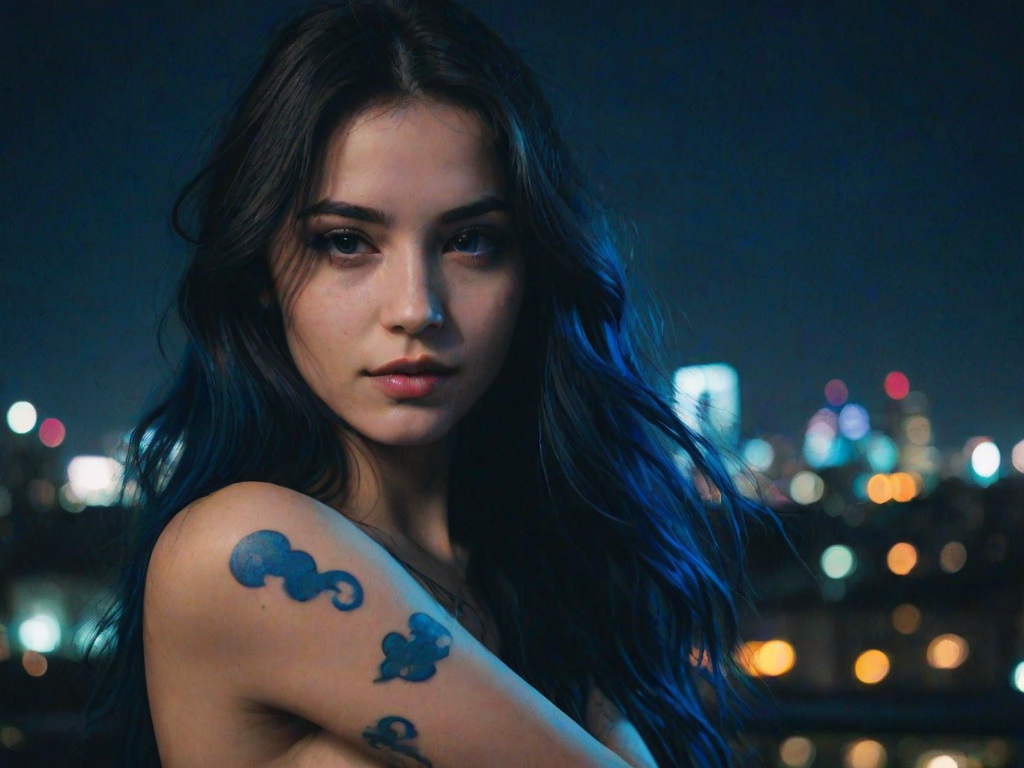 cute, seductive, cloud tattoos on arm, outdoor, intense blue long hair,  neon light passing through hair,  (city background), (depth of field), (artistic photo), (analog film grain), (photo), cinematic shot, bokeh, realistic