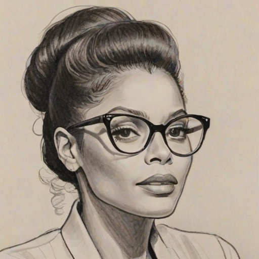 Sublime Janet Jackson, pencil sketch, portrait of Lovely woman 1950s in glasses, hair style beatnik, outline, clear lines, fine lines, 8k