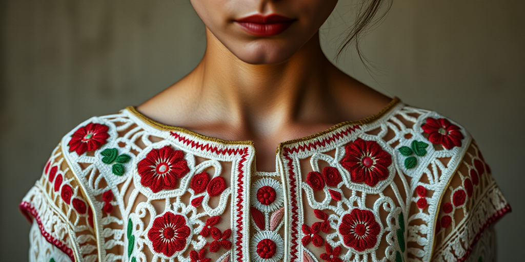 Face, shoulders, chest covered in openwork Romani embroidery. Raw, unedited image.