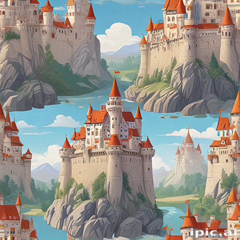 Majestic Fantasy Castles Surrounded by Lush Mountains and Serene Waters