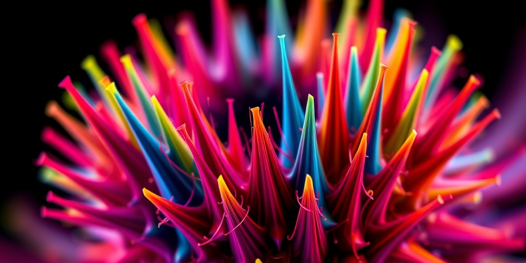 Create a vibrant fractal art image featuring colorful spikes and strands on a black background, captured with a Canon EOS R5 at f/8, ISO 100, 1/200s, using a wide-angle lens and macro photography style to enhance detail and depth.