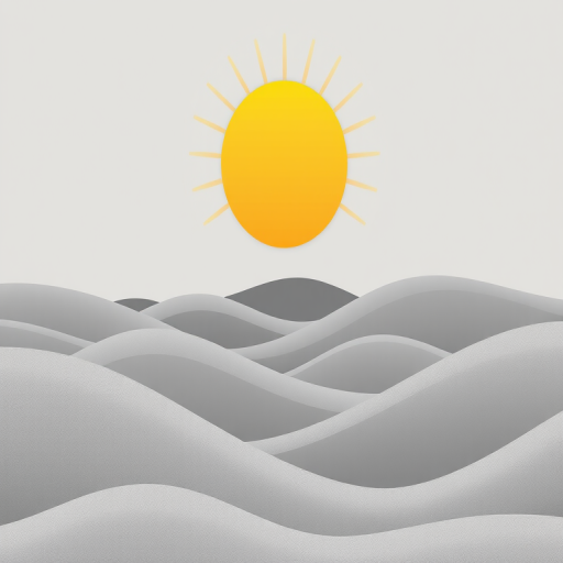 Create a digital illustration of a minimalist landscape featuring stylized waves of gray tones with a large sun and rays in shades of yellow and orange, using a high-resolution camera at f/8 aperture, ISO 100, 24mm focal length, taken from a low perspective to capture depth and texture.