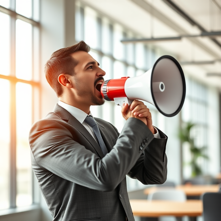 Create a high-resolution image of a man in a suit shouting into a megaphone in a modern office setting, using a Canon EOS R5 camera with a 50mm lens, aperture at f/1.8, ISO 100, and a soft natural light source from large windows, focusing on a portrait style with a shallow depth of field to blur the background.