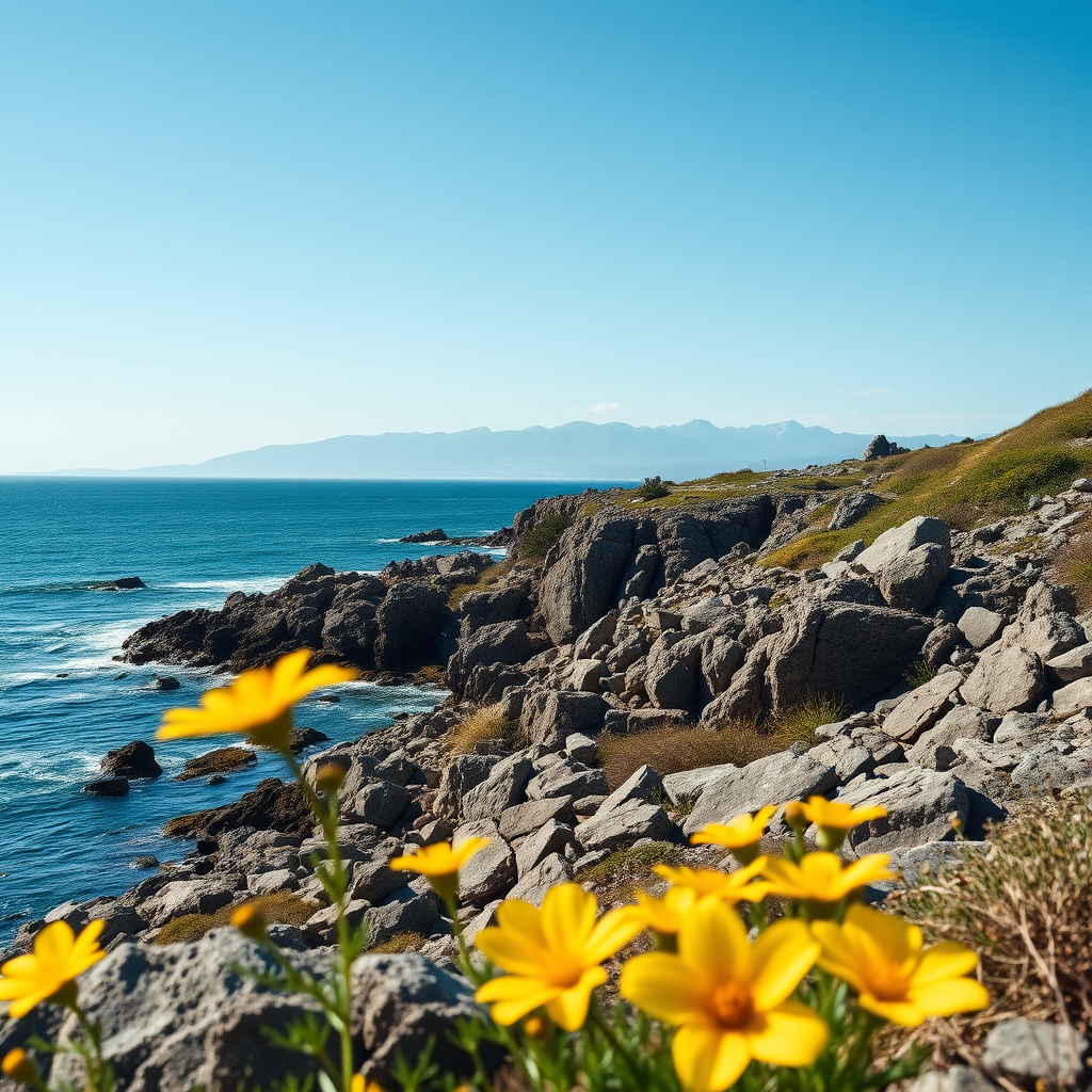 landscape of a rocky coastline with blooming yellow flowers in the foreground and a distant mountain range under a clear blue sky, captured with a Canon EOS R5, 24-70mm lens, aperture f/8, ISO 100, shutter speed 1/250s, wide-angle view, vibrant colors, high clarity