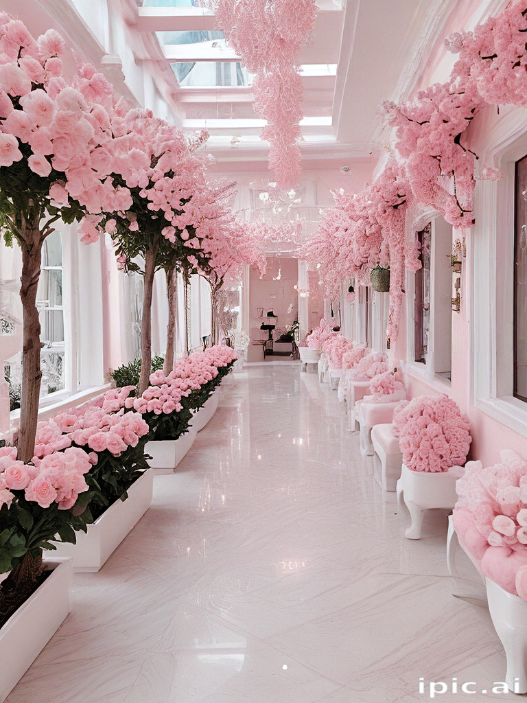A Serene Hallway Adorned with Lush Pink Flowers and Elegant Decor.