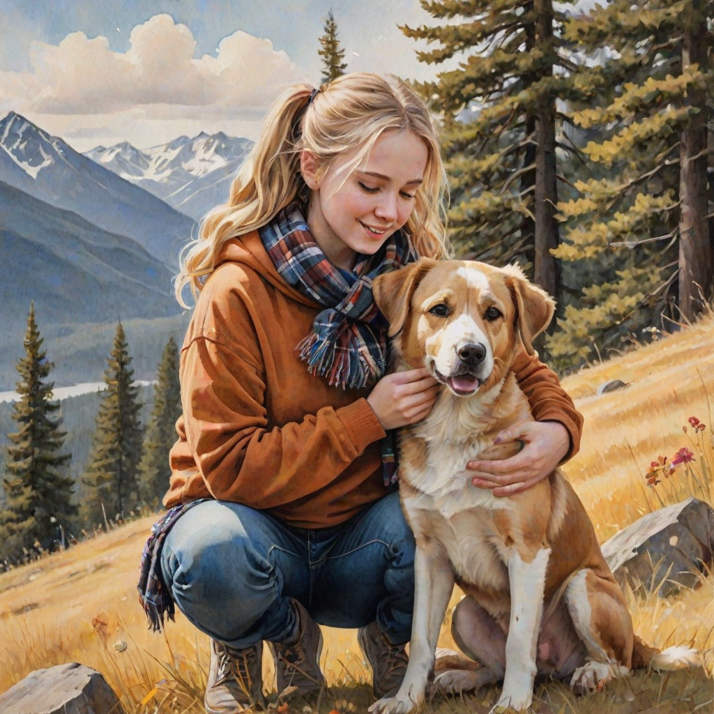 A detailed watercolor and acrylic illustration showing a heartwarming scene between a young blonde girl in pigtails and a Bearnaise Mountain dog. The girl, dressed in a rust hoodie, jeans, and a plaid scarf, gently rests her hand on the dog’s head. The dog, with black, copper, and white fur, sits beside her, tilting its head in affection. They sit on golden grass with wildflowers, against a sunny fall background. The artwork focuses on realistic textures and the tender bond between them.