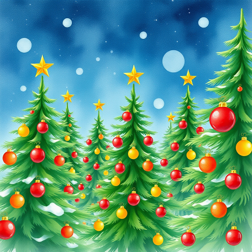 Create a vibrant watercolor illustration of a festive Christmas scene with multiple evergreen trees adorned with colorful baubles in red, green, and gold, featuring star toppers, using a Canon EOS R5 camera at f/8 aperture, ISO 100, 1/250s exposure, shot from a wide angle perspective to capture the entire scene with enhanced detail and clarity.