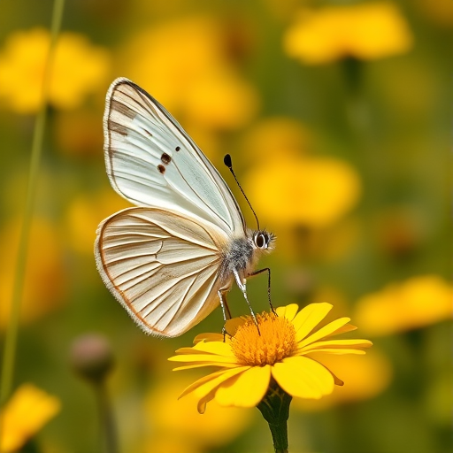 capture a close-up of a white butterfly perched on a yellow flower with a blurred background of yellow flowers in a sunny field using a DSLR camera, 100mm macro lens, aperture f/2.8, shutter speed 1/200s, ISO 100, natural daylight for enhanced clarity and color vibrancy