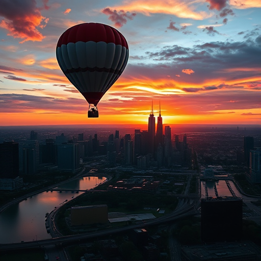 Create a surreal cityscape with a floating hot air balloon above a mirrored skyline and a dramatic sunset, using a 35mm lens at f/8, ISO 100, shutter speed 1/200 sec, high dynamic range photography, landscape orientation, and DSLR camera.