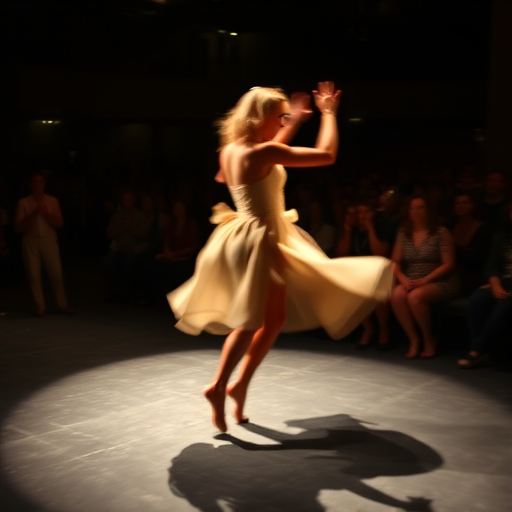 Blurry action shot of a dancer spinning on stage, their body a blur of motion, soft spotlight illuminating their form, the crowd watching in silence, the sound of soft music playing in the background, shadows cast on the floor from the stage lights.