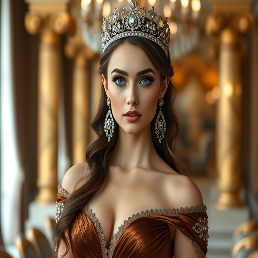 A gorgeous Kazakh woman in a luxurious brown gown, accessorized with a dazzling tiara and statement earrings, her deep blue eyes highlighted by impeccable makeup, poised in a royal setting, photorealistic, 8K quality