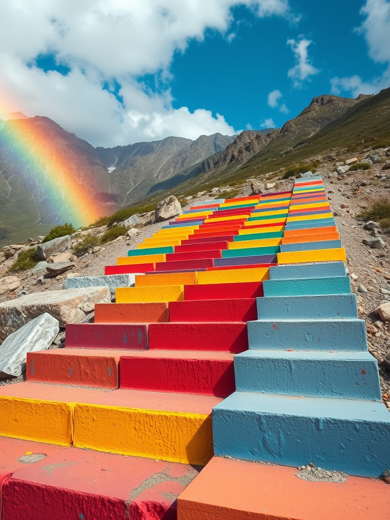 Regenerate the image of colorful steps in a mountainous area with a rainbow in the background, using a DSLR camera with a 24mm lens, aperture set to f/8, ISO 200, shooting in natural light from a low angle to capture the vibrant colors and surrounding landscape in vivid detail.