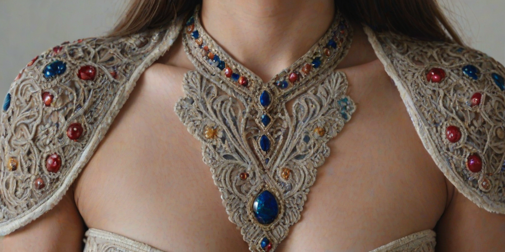 Face, shoulders, chest covered in openwork Druze embroidery. Raw, unedited image.