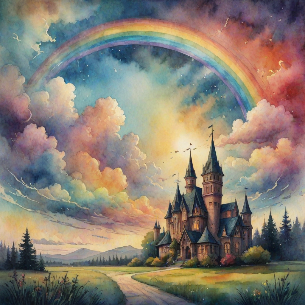 A whimsical and surreal sky with a vibrant rainbow, featuring dramatic lighting effects and a textured watercolor background, with a touch of gothic aesthetic.
